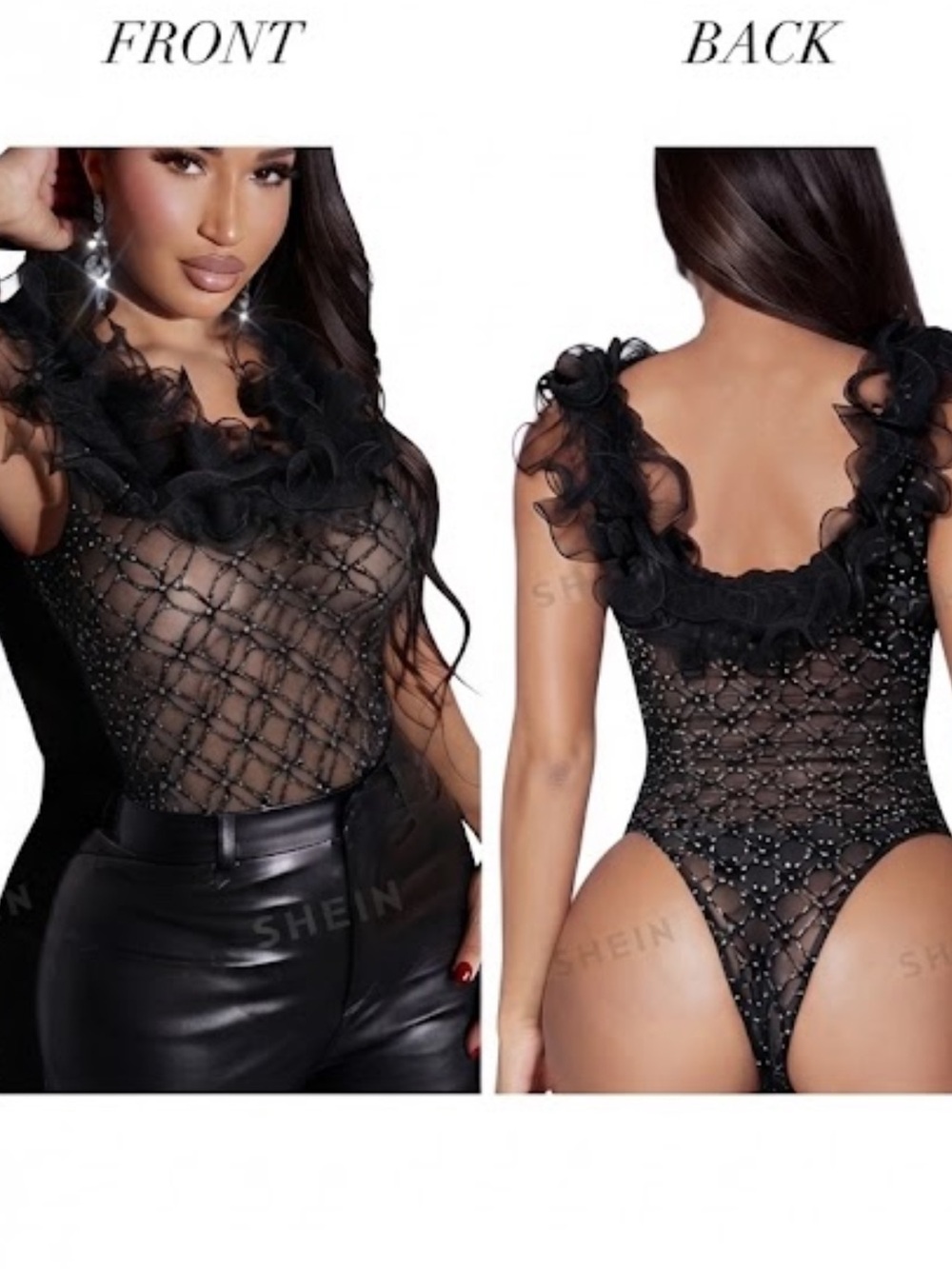 SHEIN SXY Ruffle Trim Rhinestone Mesh Bodysuit size L new with tag